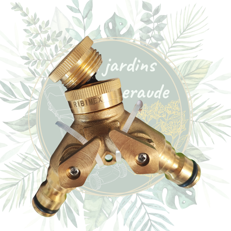 Nez de robinet en laiton pour système d'arrosage pour connecter deux tuyaux sur le même robinet avec vannes d'arrêt.