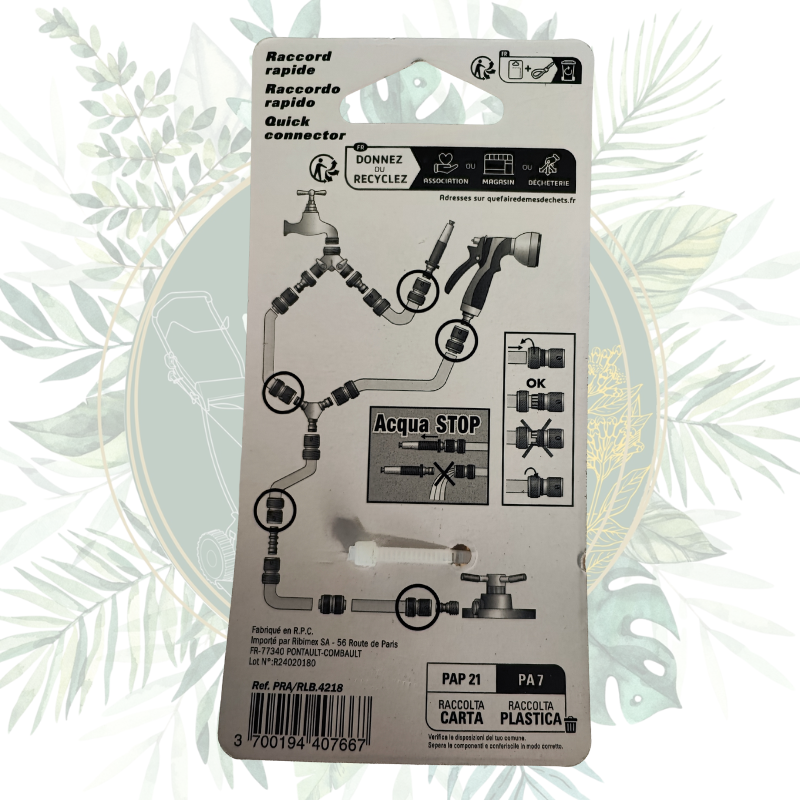 Raccord rapide en laiton avec système Aquastop pour éviter les gaspillage d'eau lors de l'arrosage.