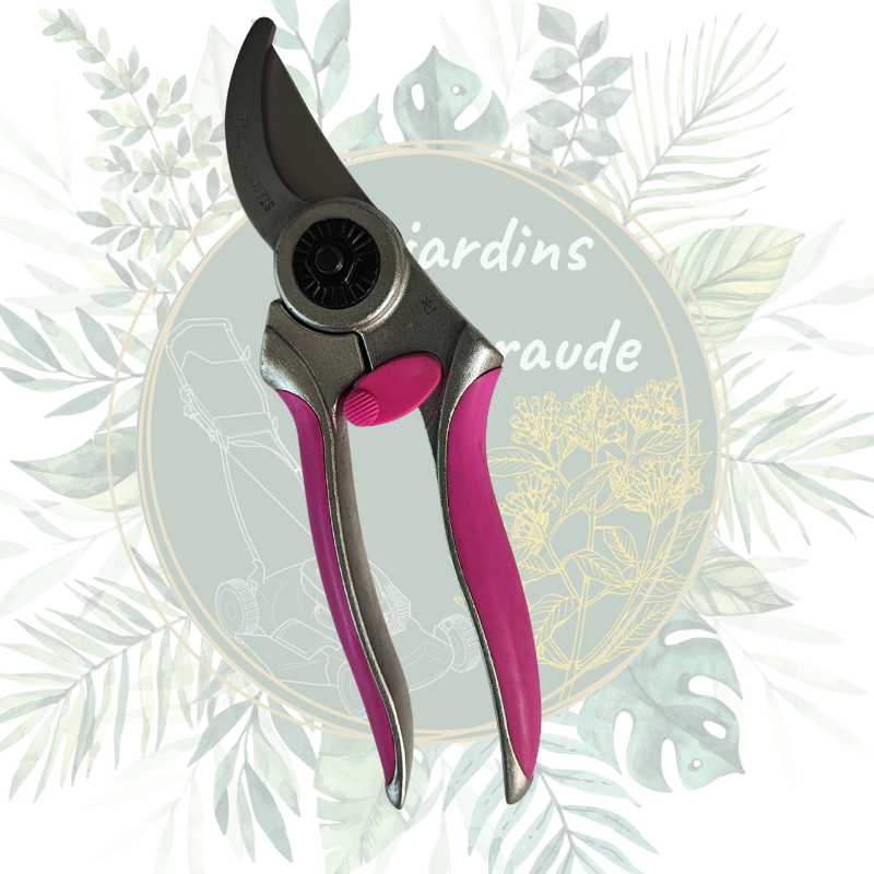 Sécateur fuchsia, idéal pour l'entretien des arbustes et plantes du potager. Couleur flashe.
