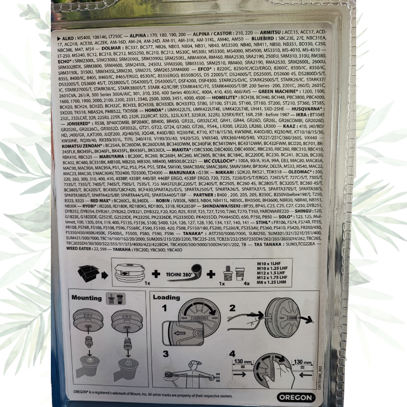 Tête universelle Oregon pour débroussailleuse de plus de 40cc. Avec adaptateurs et recharge de fil rond 3mm en blister.